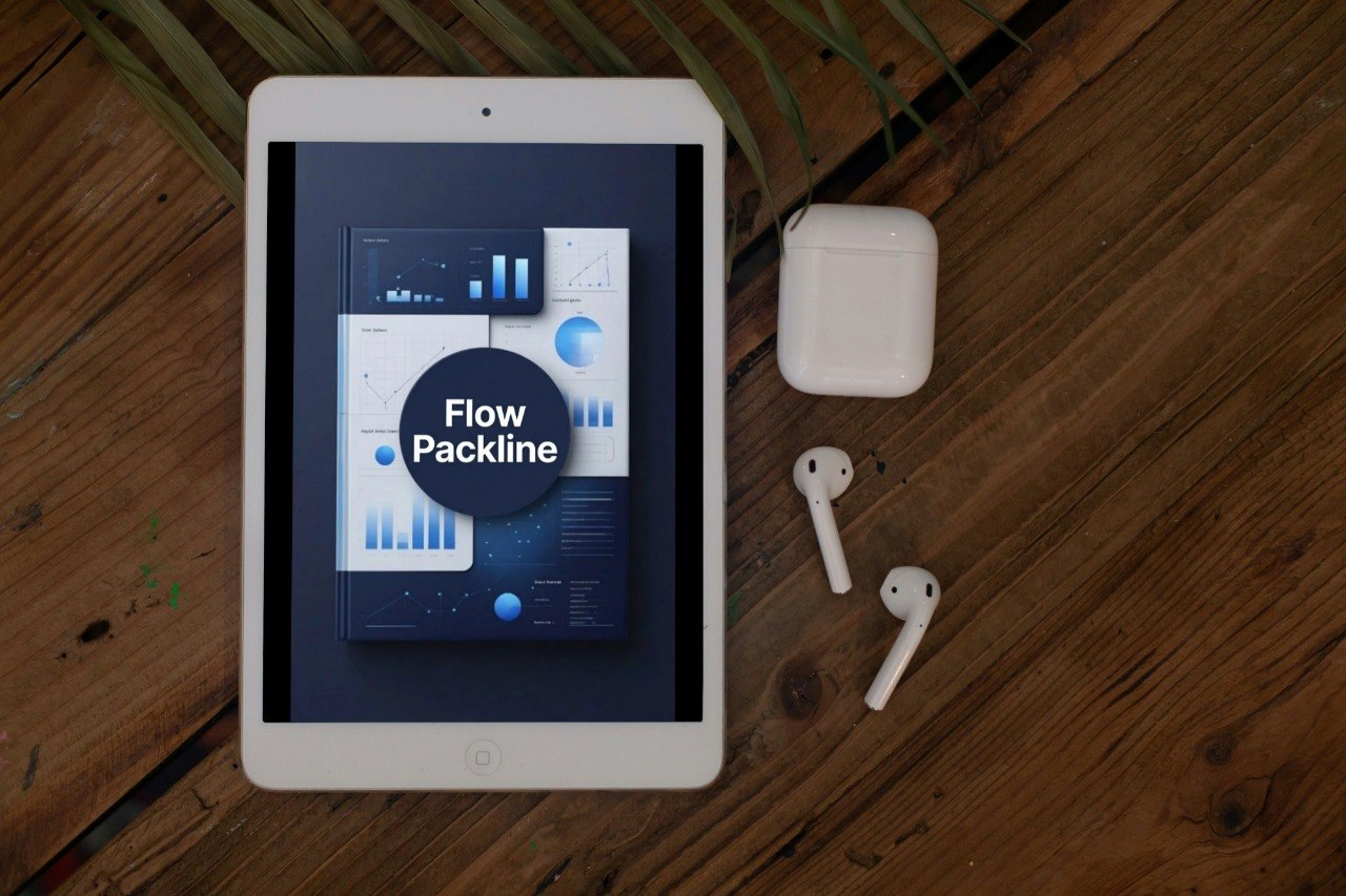 Tablet displaying a software interface with 'Flow Packline' on a wooden surface with AirPods.
