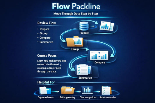 Flow packline diagram with steps for data review on a dark blue background