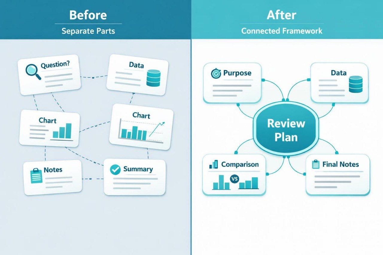 Before and after comparison of a project management tool interface, showing separate parts versus a connected framework.
