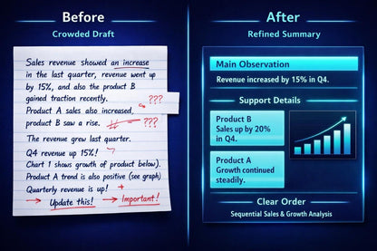Comparison of a crowded draft text on the left and a refined summary on the right with key points highlighted.