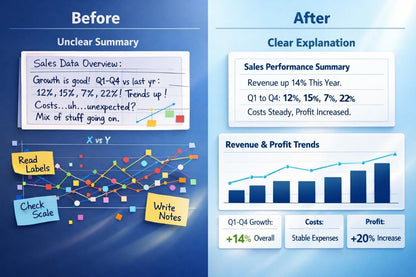 Comparison of unclear and clear sales data summaries with charts and graphs.