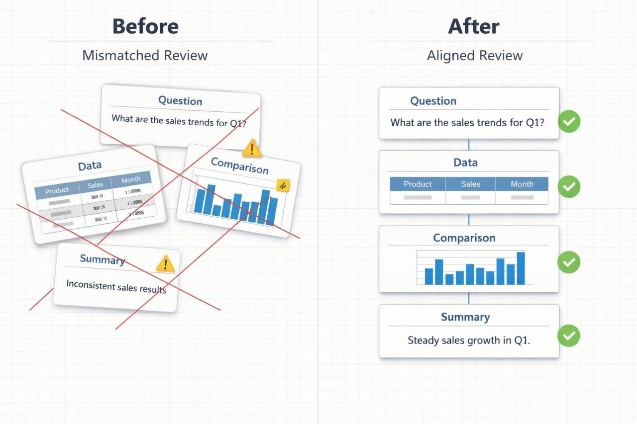 Comparison of a 'Before' and 'After' review for sales trend analysis with charts and text.