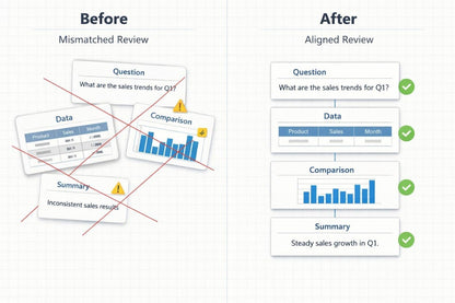 Comparison of a 'Before' and 'After' review for sales trend analysis with charts and text.