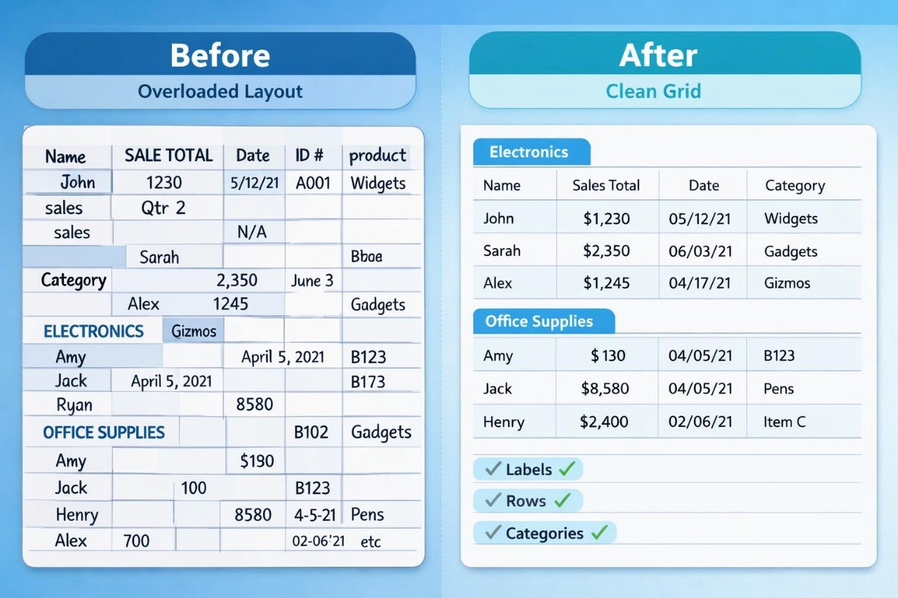 Comparison of an overloaded layout to a clean grid with labels, rows, and categories.