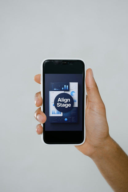 Hand holding a smartphone with an app interface on a plain background