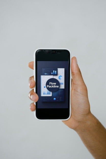 Hand holding a smartphone with a screen displaying 'Flow Packline' on a light gray background
