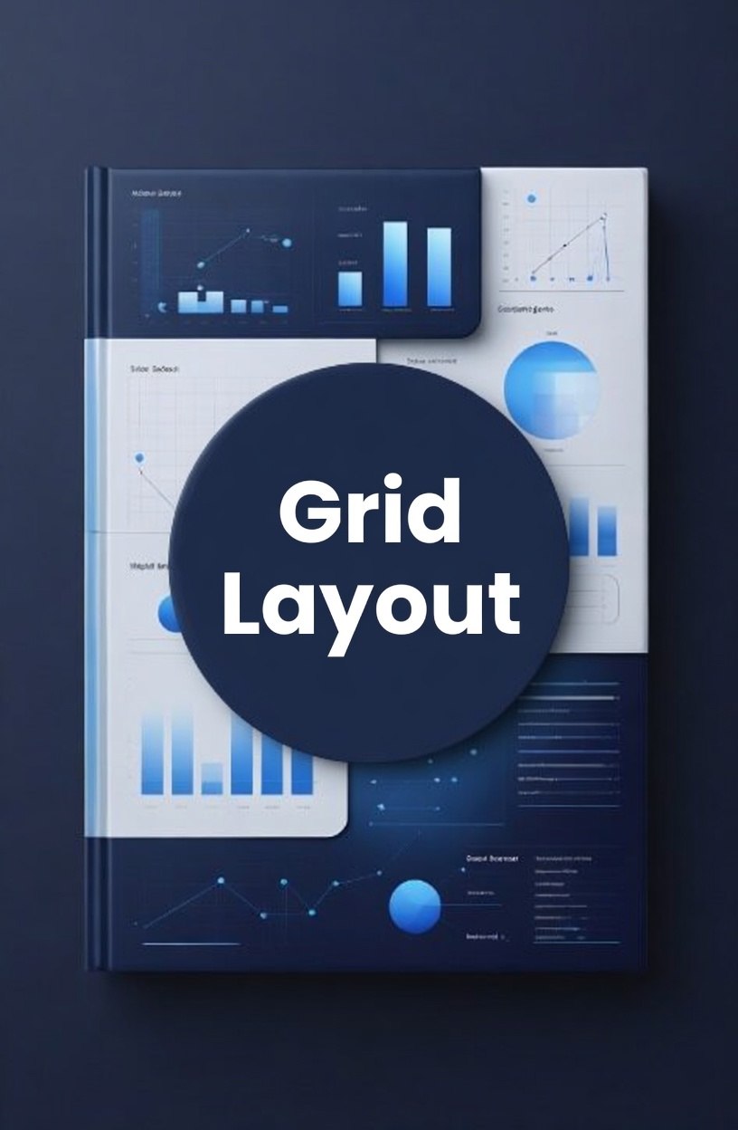 Book titled 'Grid Layout' with a blue and white design on a dark background
