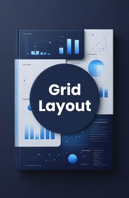 Book titled 'Grid Layout' with a blue and white design on a dark background