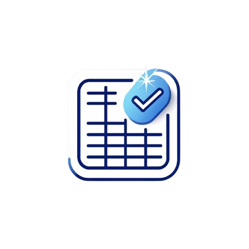 Icon of a document with a blue check mark on a white background