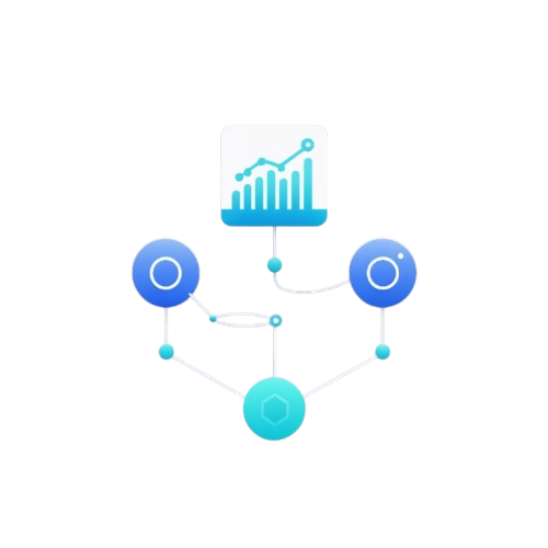 Graphical representation of data flow with blue and teal icons on a white background