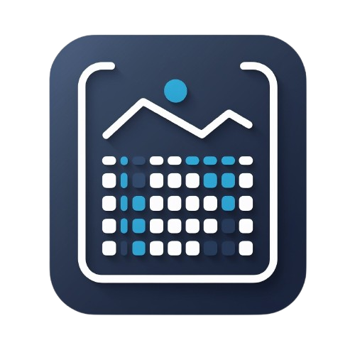Icon of a tablet with a mountain and grid design on a blue background