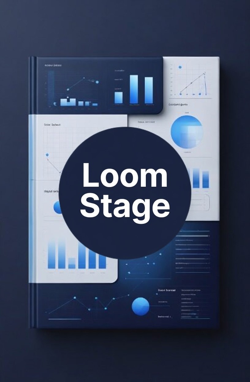 Book titled 'Loom Stage' with a blue and white design on a dark background