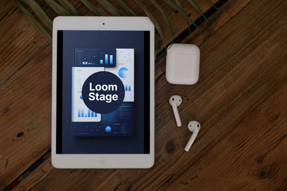 Tablet displaying 'Loom Stage' app on a wooden surface with AirPods.