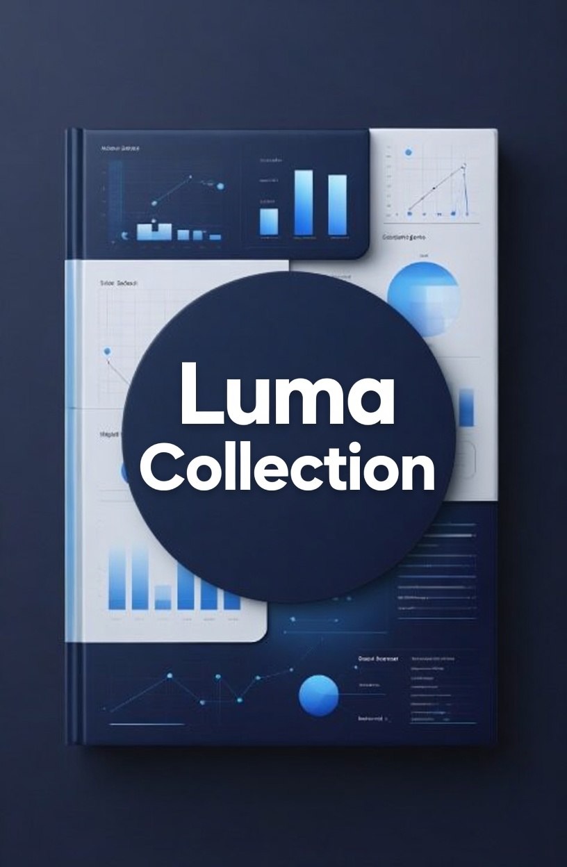 Book titled 'Luma Collection' with blue and white design on a dark background