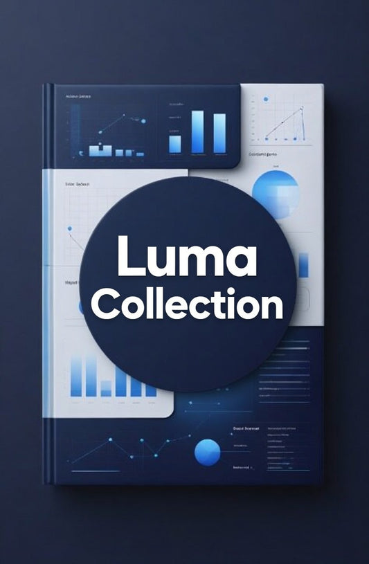 Book titled 'Luma Collection' with blue and white design on a dark background