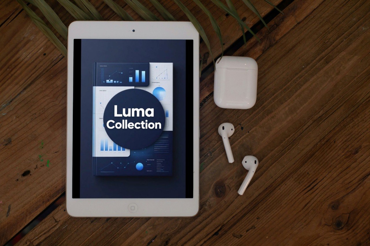 Tablet displaying 'Luma Collection' on a wooden surface with AirPods.