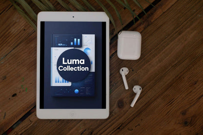 Tablet displaying 'Luma Collection' on a wooden surface with AirPods.