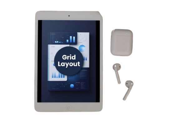 Tablet with app interface, earbuds, and case on a white background