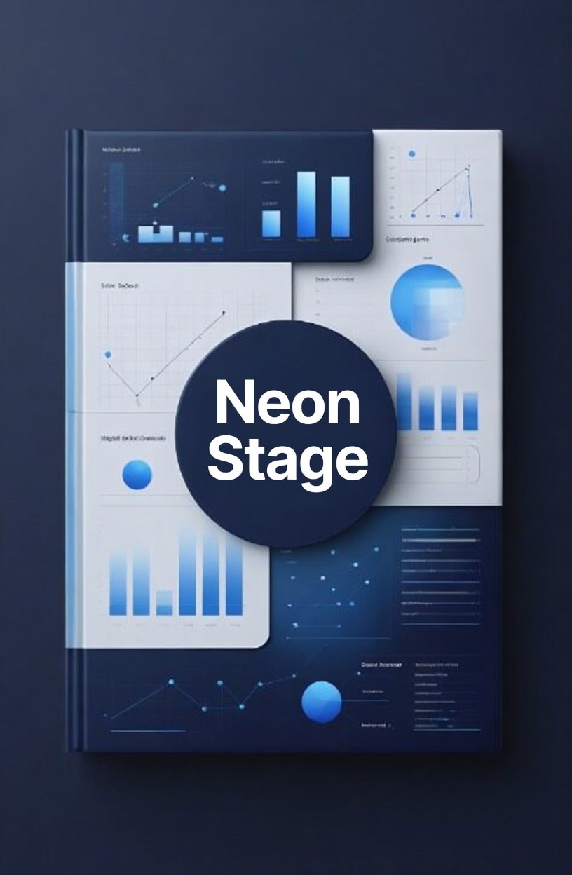 Book with financial charts and graphs on a dark blue background, featuring 'Neon Stage' branding.