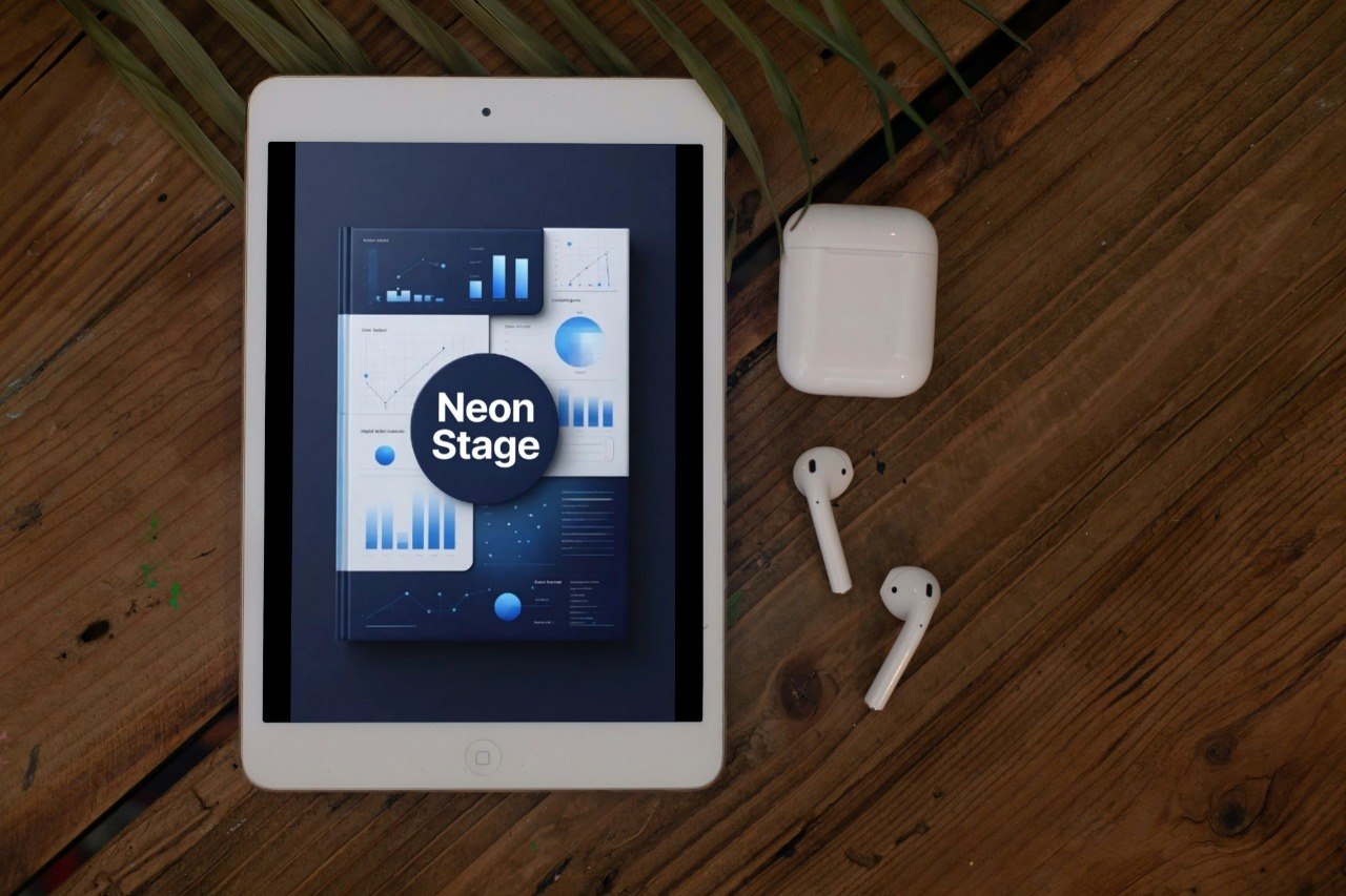 Tablet displaying 'Neon Stage' app on a wooden surface with AirPods.