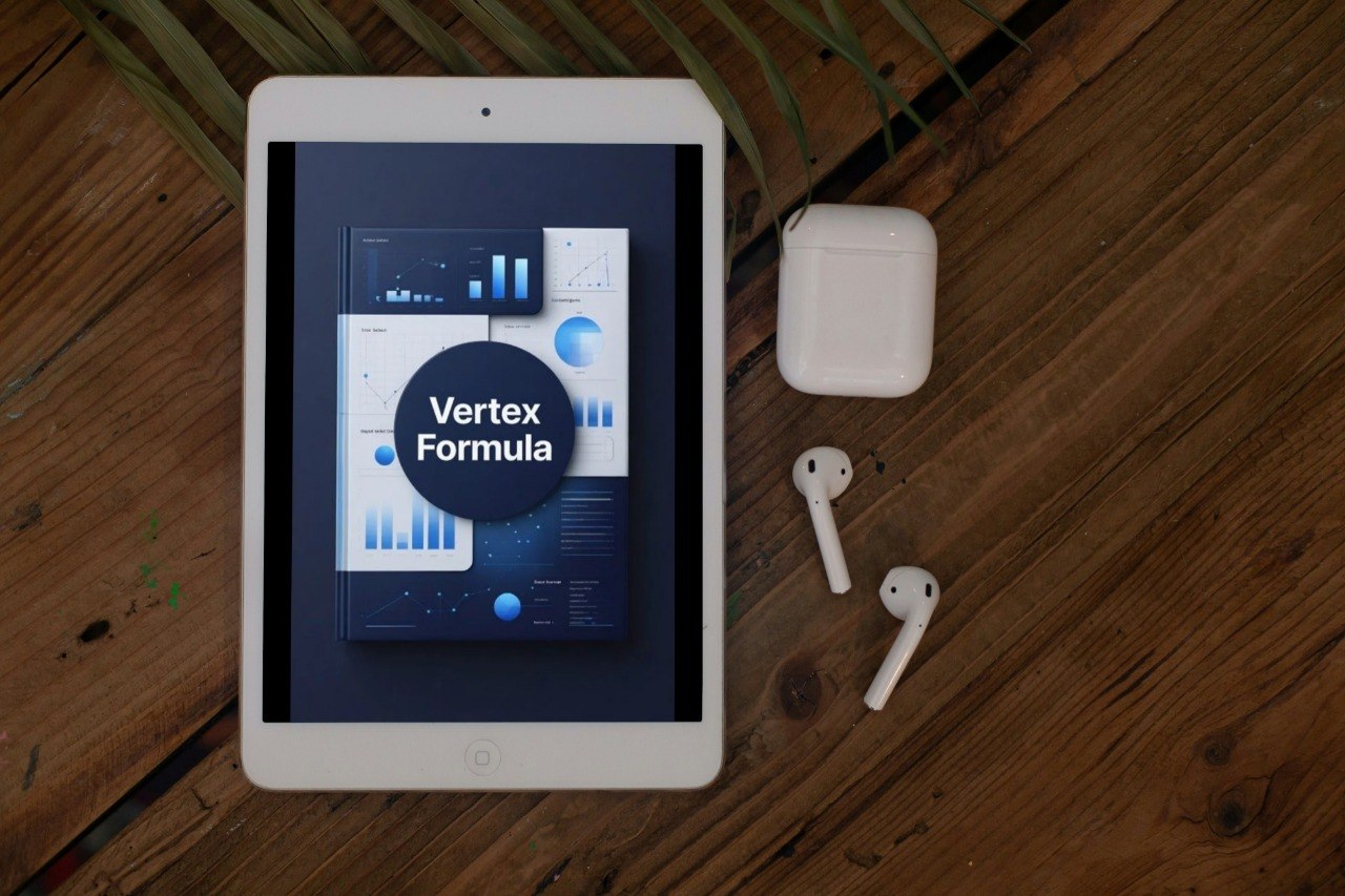Tablet displaying 'Vertex Formula' on a wooden surface with airpods