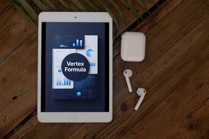 Tablet displaying 'Vertex Formula' on a wooden surface with airpods